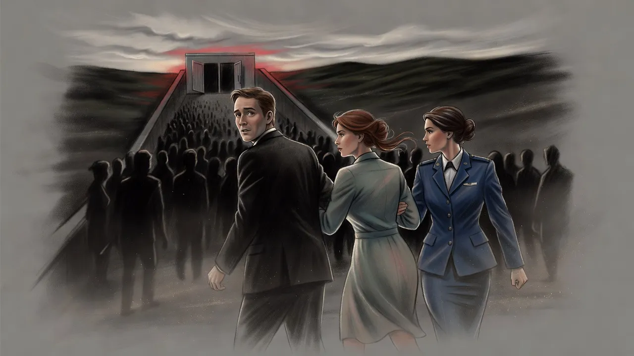 Two women haul a man in a suit down a concrete ramp into the earth as a crowd pours down behind them.