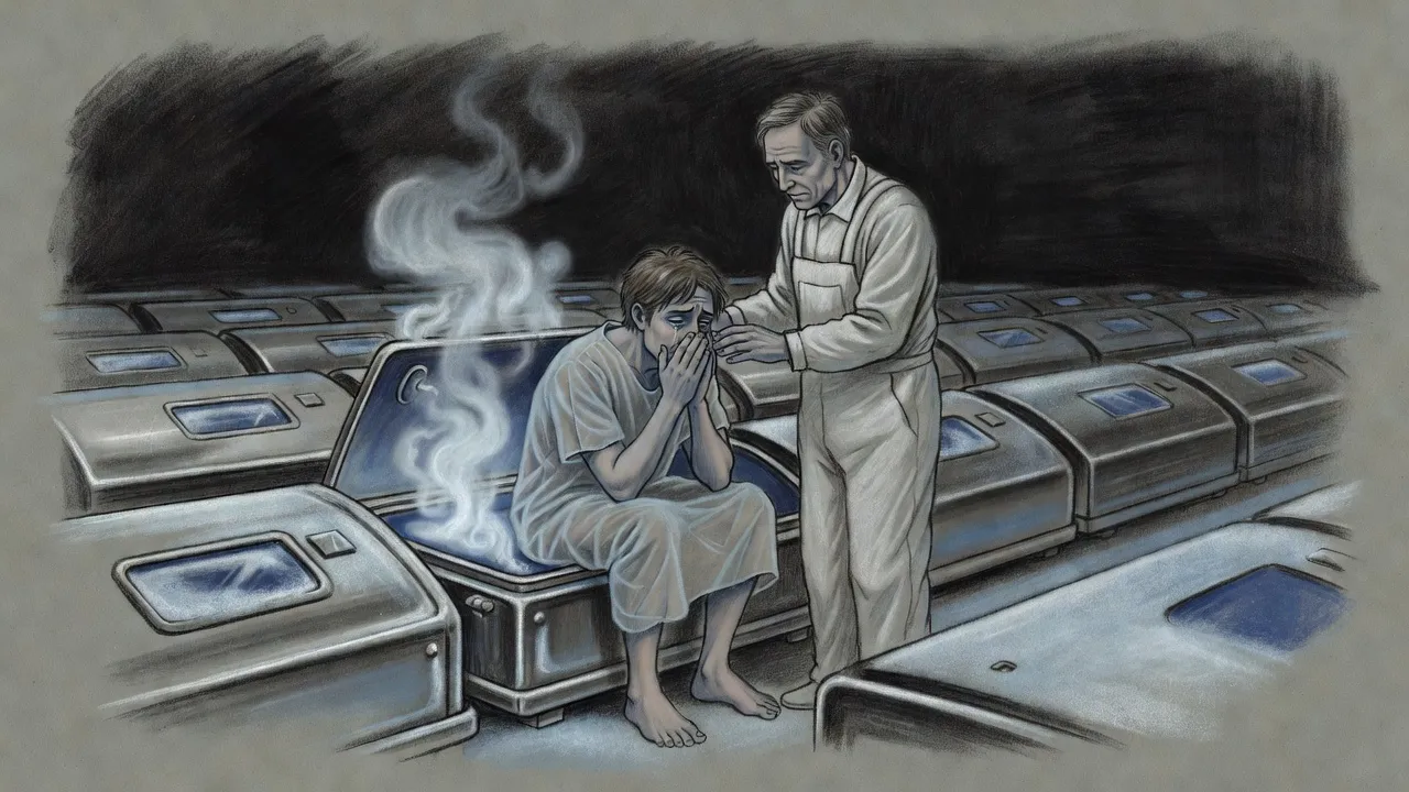 A man in a thin paper gown sits on the edge of a steaming cryogenic pod with his face in his hands while another man rests a hand on his shoulder.