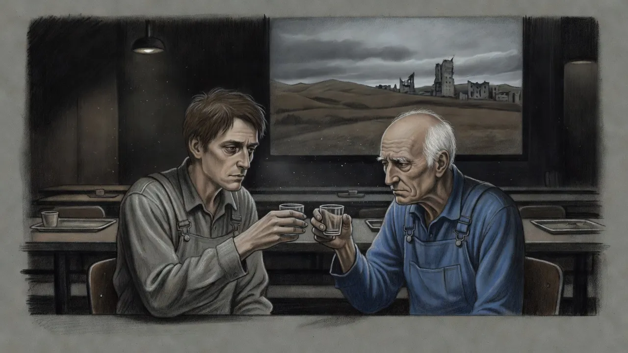 Two men in overalls, one grey and one blue, raise small glasses to each other at a cafeteria table under a huge screen showing dark hills.