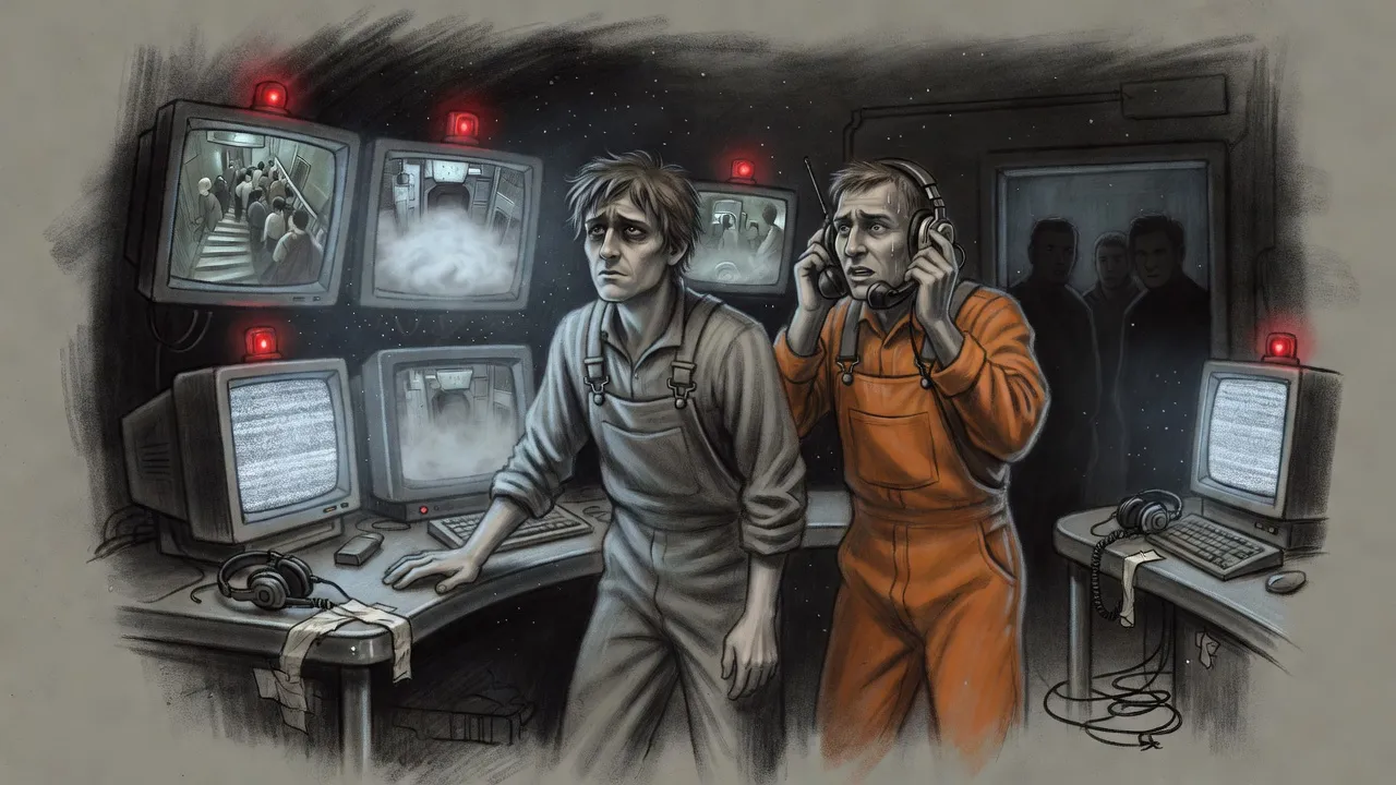 A man in grey overalls leans on a desk in a dim control room, staring at screens of a crowded stairway and an airlock filling with white fog.