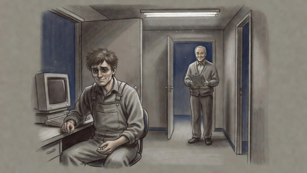 A man at a desk smiles across a corridor at a grey-haired man in a doorway, two small pills hidden in his closed hand.