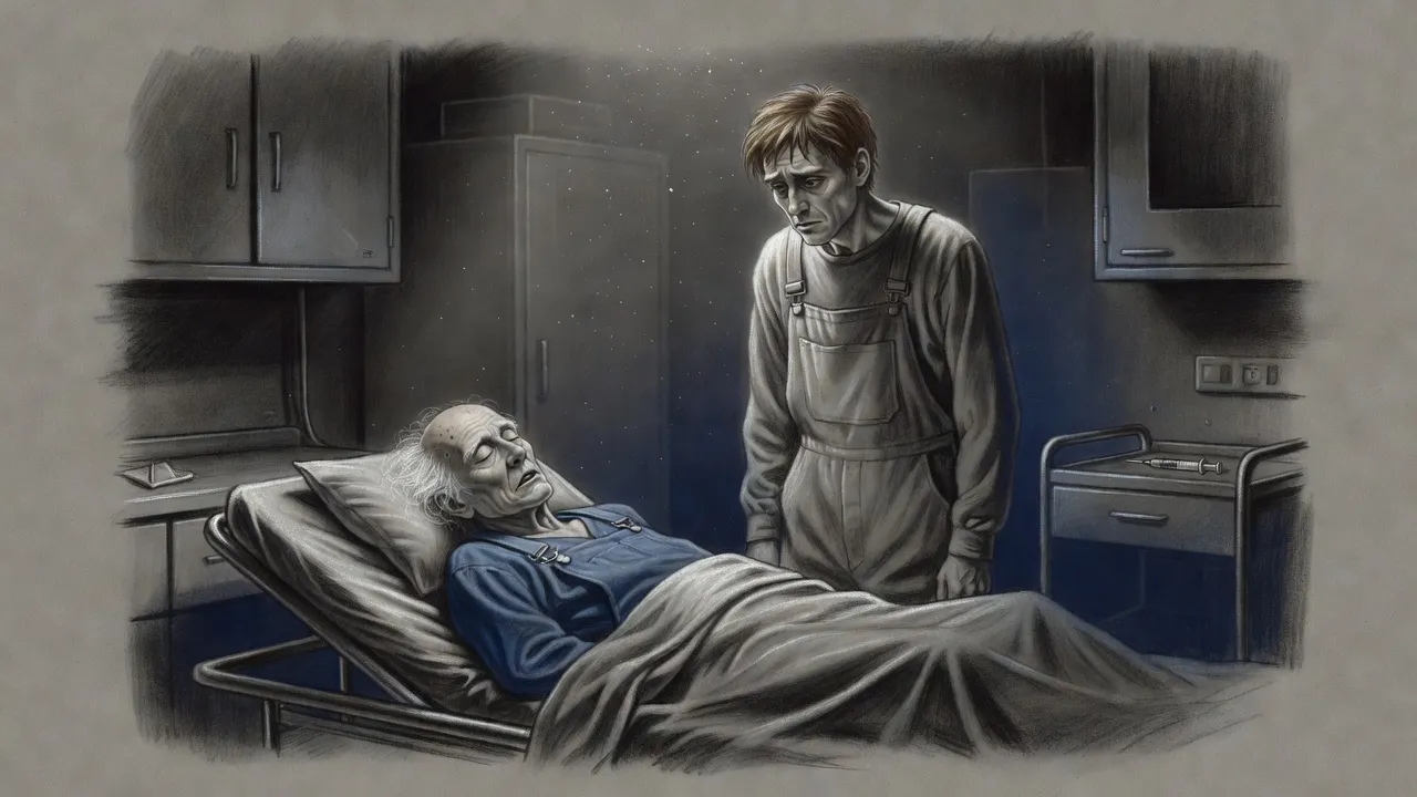 An old bald man lies asleep on a steel gurney while a younger man in grey overalls looks down at him, troubled.