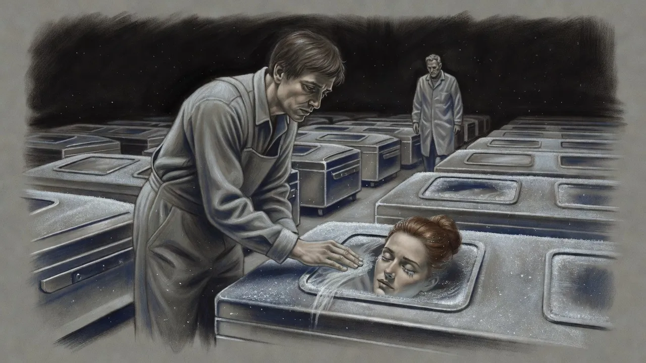 A man wipes the frost from the window of a cryogenic pod and finds a sleeping woman with auburn hair, while a doctor approaches between the rows.