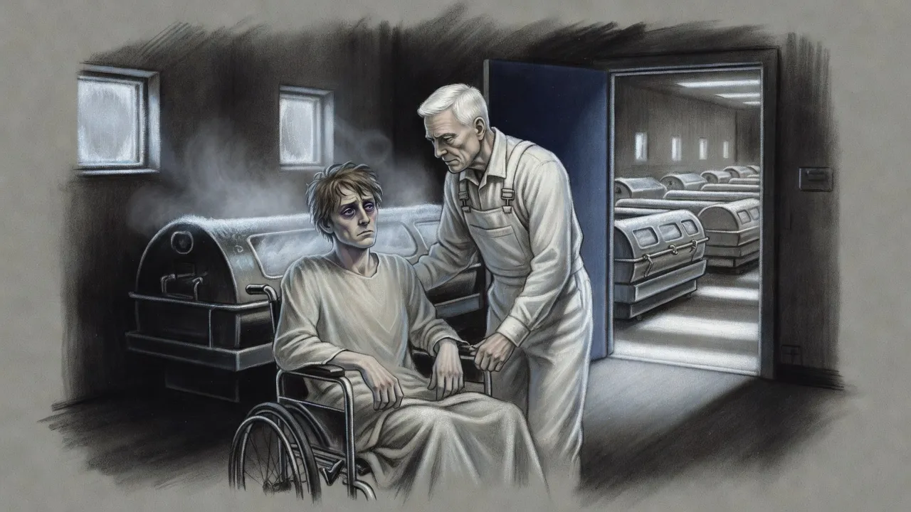 A white-haired man leans over a groggy younger man in a paper gown slumped in a steel wheelchair beside an open, steaming pod.