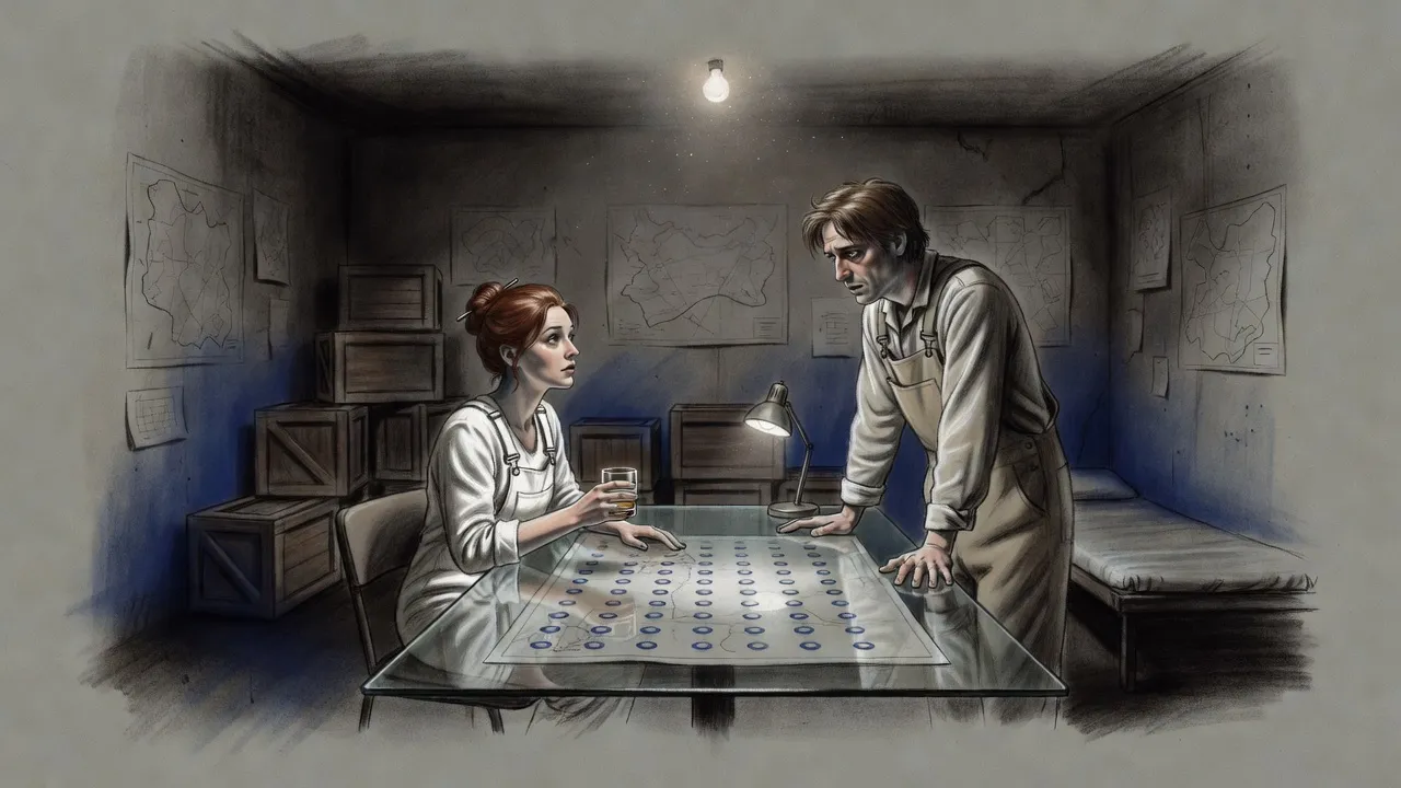 A pale woman with a pen stuck through her bun looks up from a glass-topped table map of fifty circles at a man standing across from her.