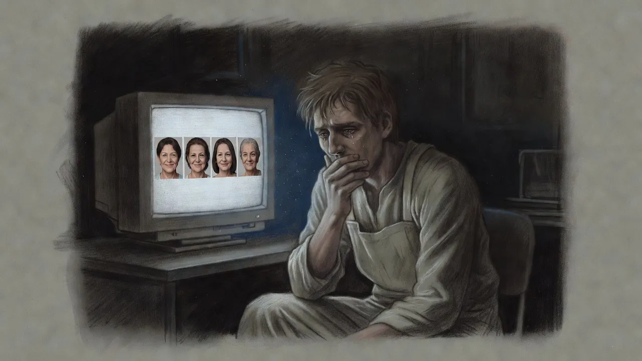 A man in tears stares at a computer screen showing a row of portrait photographs of one woman growing old.