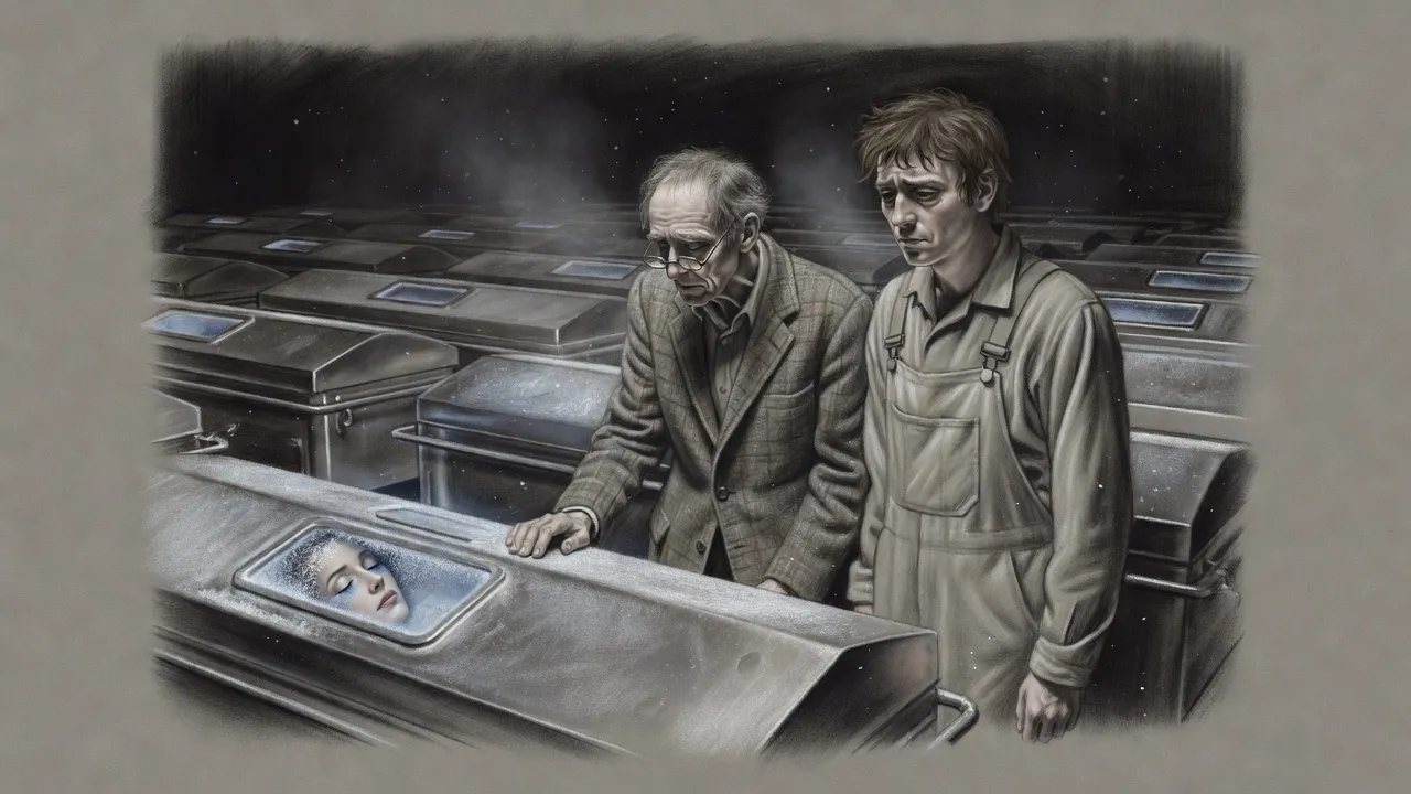 A thin old man with glasses rests his palm on a frosted cryogenic pod while a younger man stands beside him, listening.