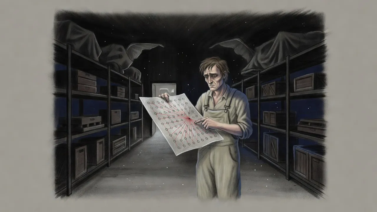 In a dark room a man holds a large map up to a distant light, tracing lines that run from many small circles to a single point.