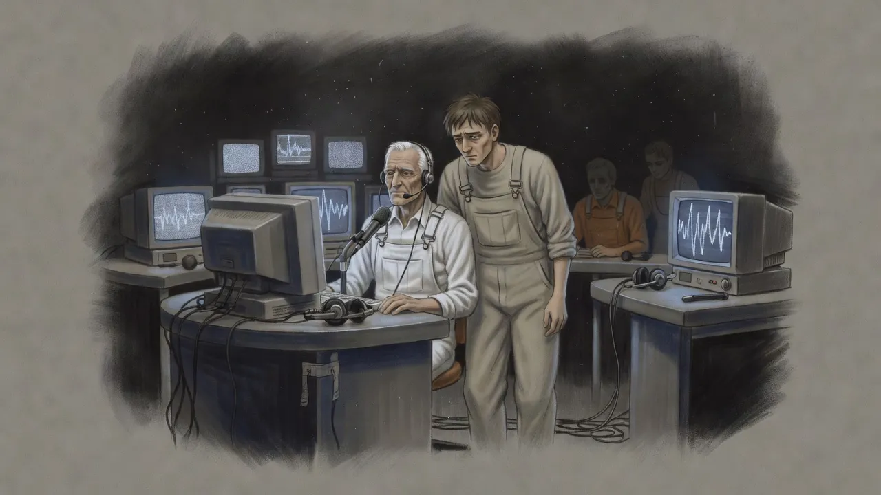 A white-haired man in a headset speaks into a microphone while a younger man watches jagged lines jump on a monitor.