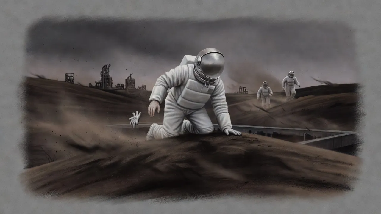 A figure in a white hazard suit crawls up a dead brown slope, one glove blowing away behind him, as two suited figures run after him.
