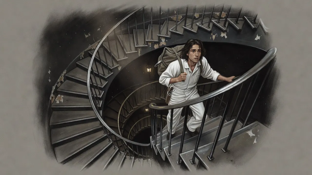 A teenage porter in white coveralls climbs a dim spiral staircase, leaning into a heavy load strapped across his shoulders.