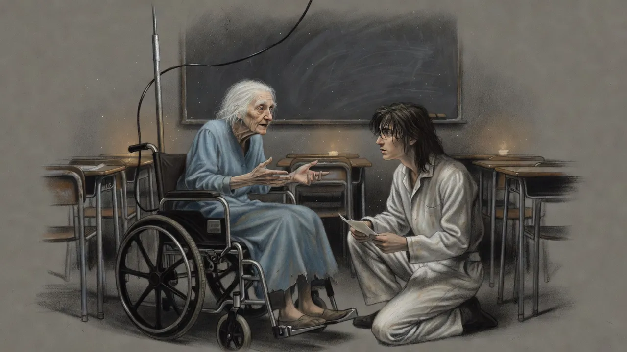 An ancient woman in a powered wheelchair fed by a cable from the ceiling tells a story to a teenage porter kneeling beside her in an empty schoolroom.