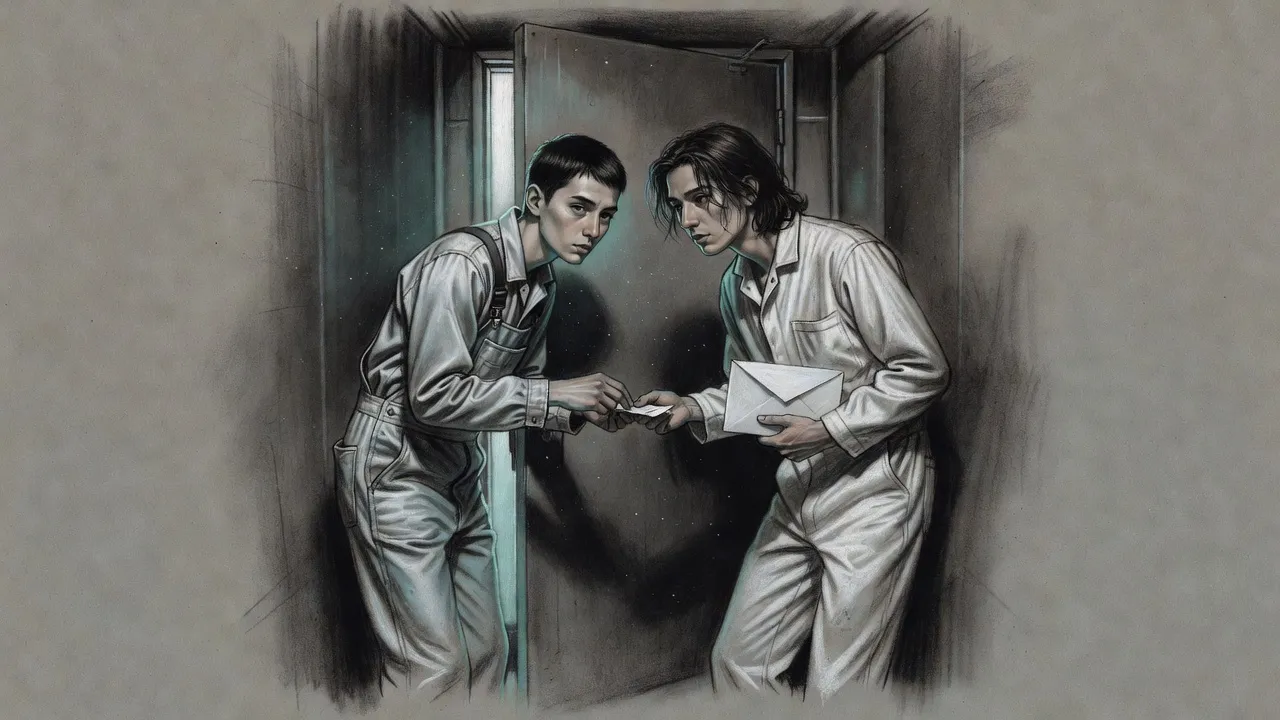 A pale young man in silver overalls passes a folded scrap of paper through the gap of a heavy steel door to a young porter in white.