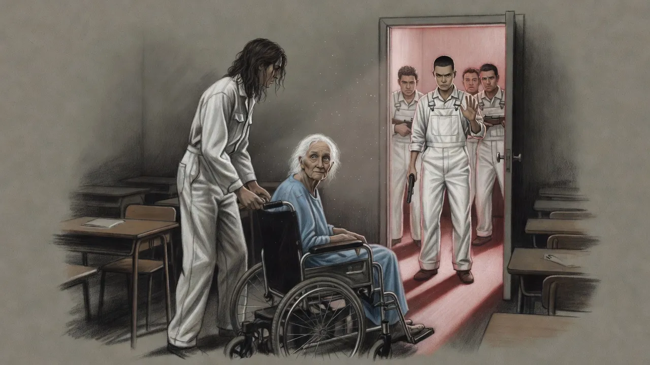 Seen from behind an old woman’s wheelchair, a young man stands at her side as another young man in white, a small pistol angled at the floor, faces them from a doorway with two armed men behind him.