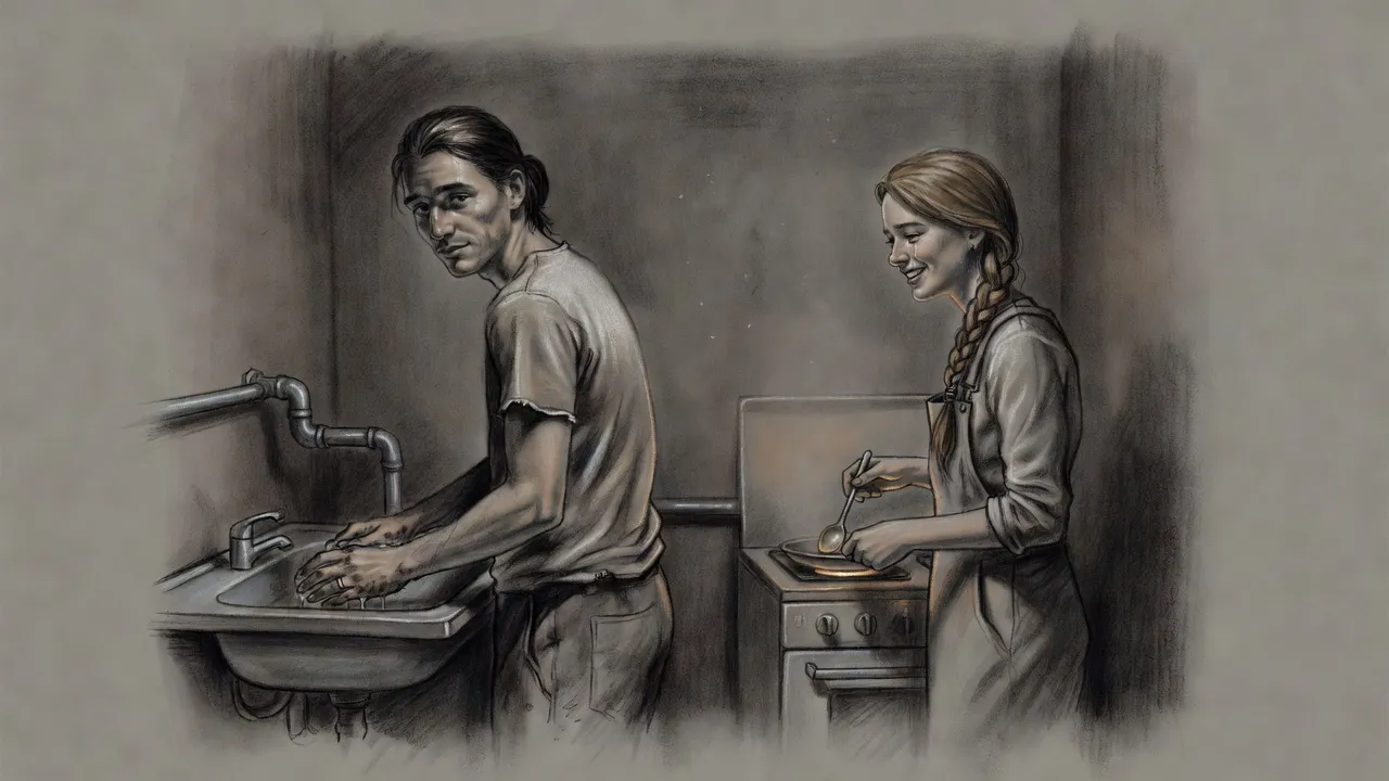 A young man washing his hands at a small steel sink turns to smile at a young woman at a stove in a plain apartment.