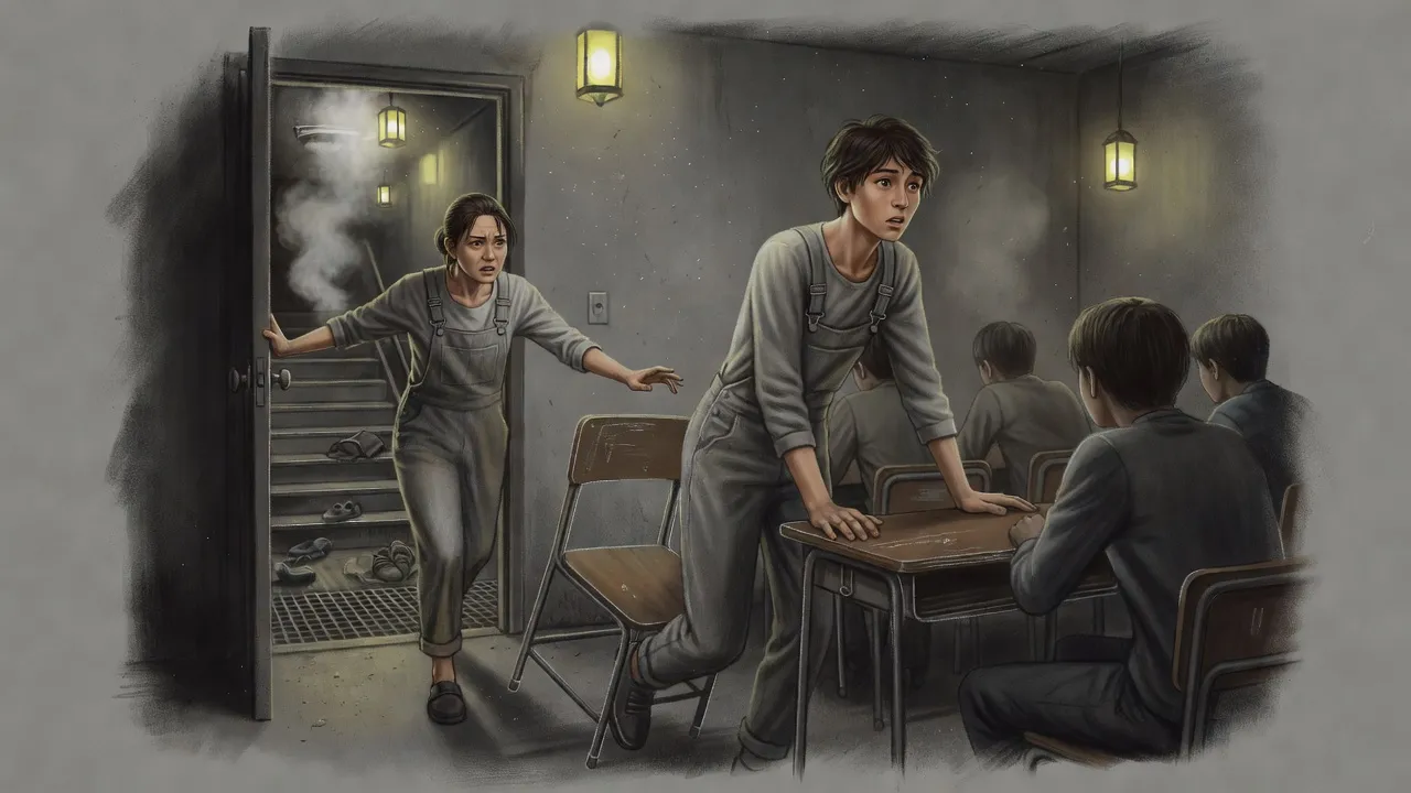 A frightened mother reaches through a classroom doorway for her teenage son, who rises from his desk as the other students turn.