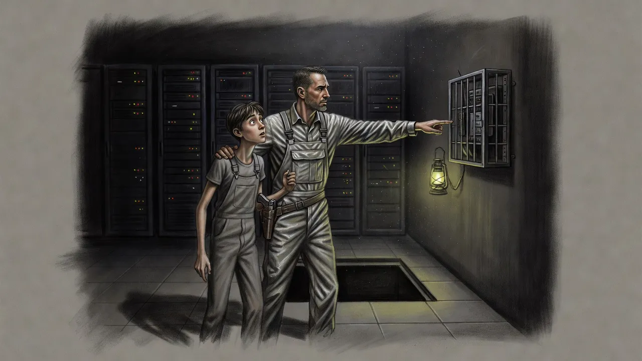 A man with a pistol in his belt points to a caged radio on a server-room wall, his hand on the shoulder of his frightened teenage son.