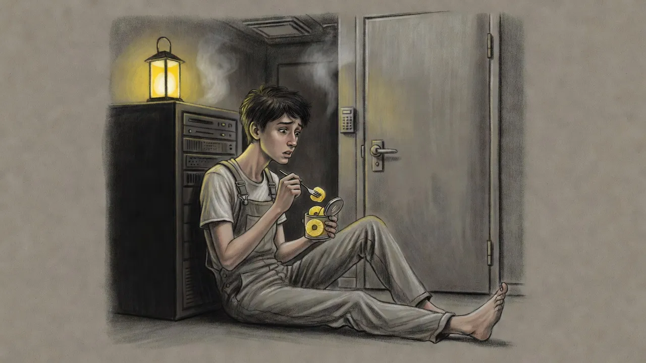 A teenage boy sits on the floor against a black server cabinet eating from a tin, staring at a great closed steel door.