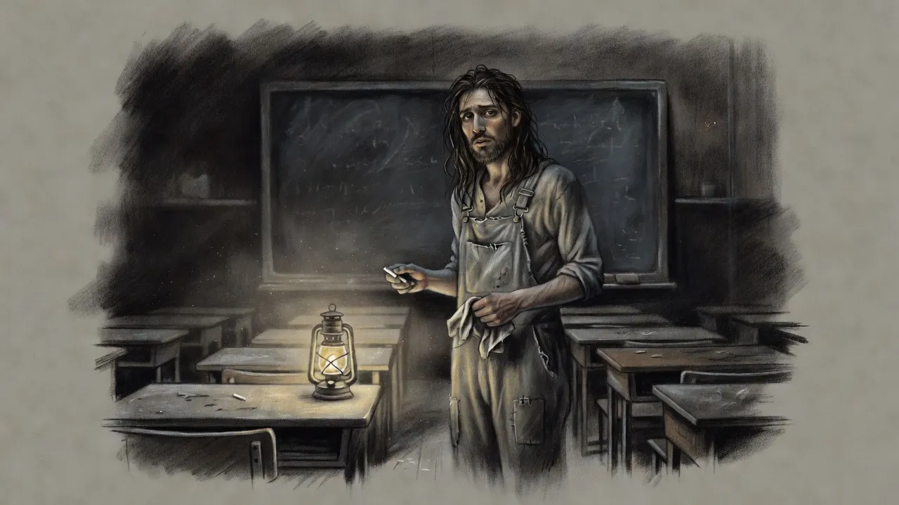 A young bearded man stands at a dusty chalkboard in an abandoned classroom, chalk in hand, a haze of chalk dust around him.