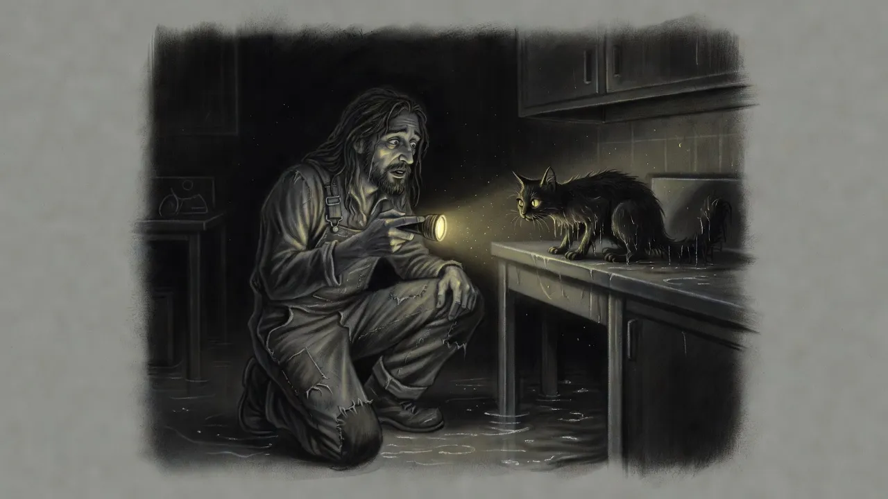 A bearded man’s flashlight beam catches a small, soaked black cat crouched on a countertop in a dark room of cabinets.