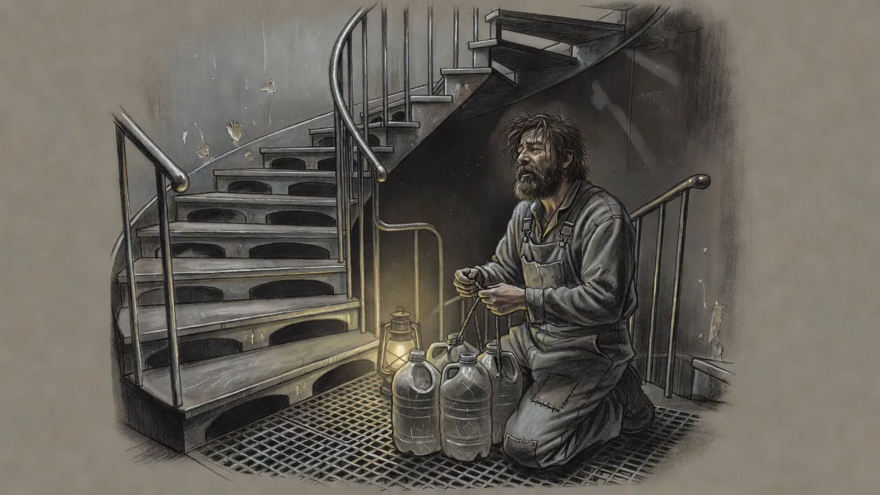 A wild-haired, bearded man kneels on a stair landing threading a rope through empty plastic jugs, looking up as if listening.
