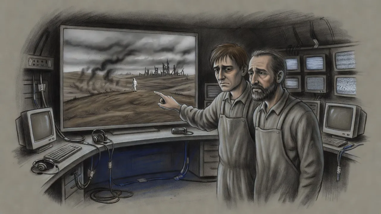 Two men in grey overalls stand before a grainy monitor showing a tiny figure in a white suit walking over a dead brown hill.