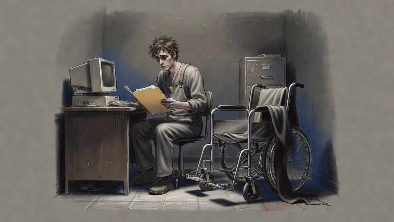 A numb man sits at a small desk holding an open folder with a single yellowed sheet, an empty wheelchair draped with a damp blanket beside him.