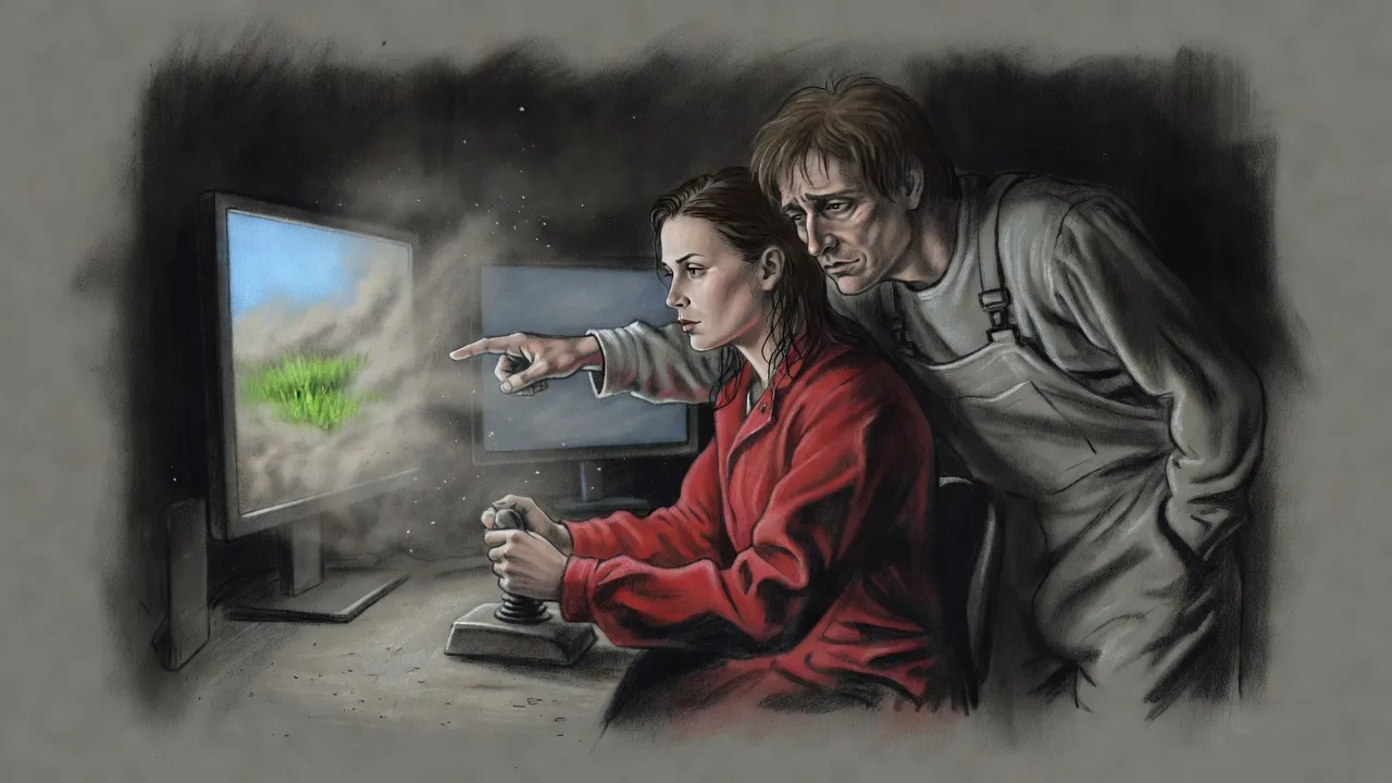 A woman at a drone control desk and a man leaning over her shoulder stare at a monitor showing a sudden glimpse of green grass under blue sky.