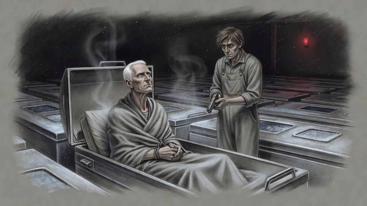 A white-haired man with bound wrists sits up in a steaming cryogenic pod, facing a younger man who holds a pistol pointed low.
