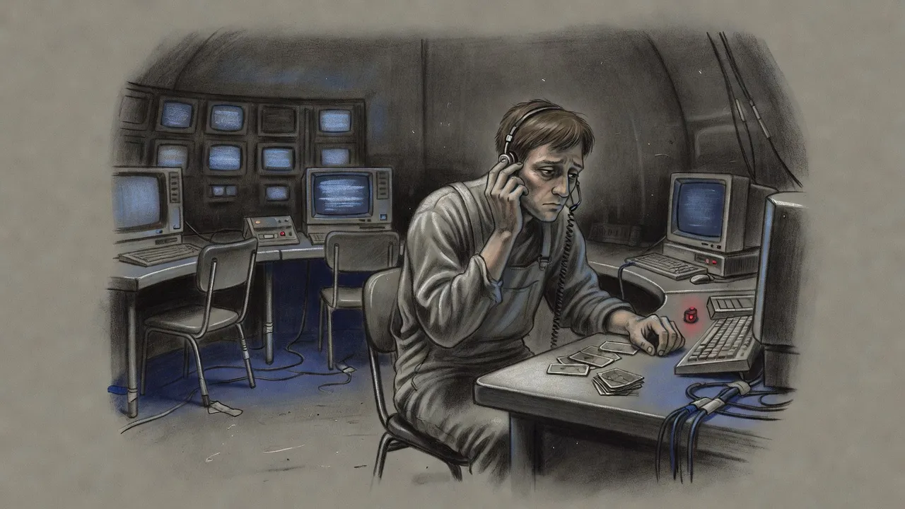 A man sits alone at a station in an empty control room, one hand pressed to his headset, an abandoned card game on the desk beside him.