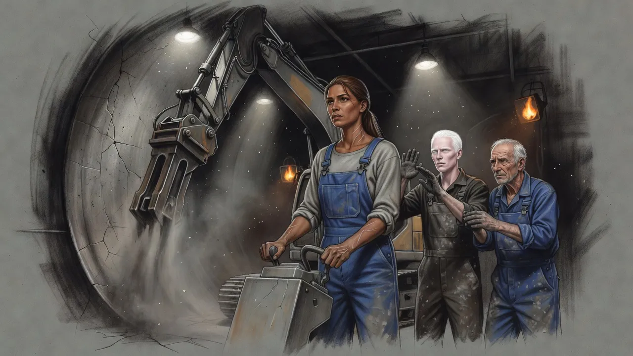 A woman with burn scars at the controls of an excavator hammering a concrete wall, two workers shielding their faces behind her as dust falls through the work lights.