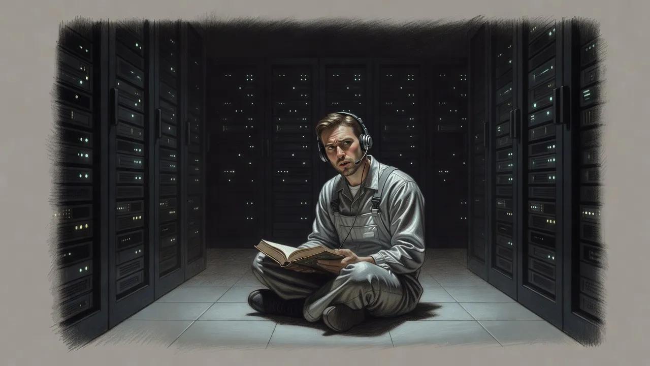 A young man in silver overalls sits alone among tall black server cabinets, wearing a headset and reading an old book by the glow of status lights.