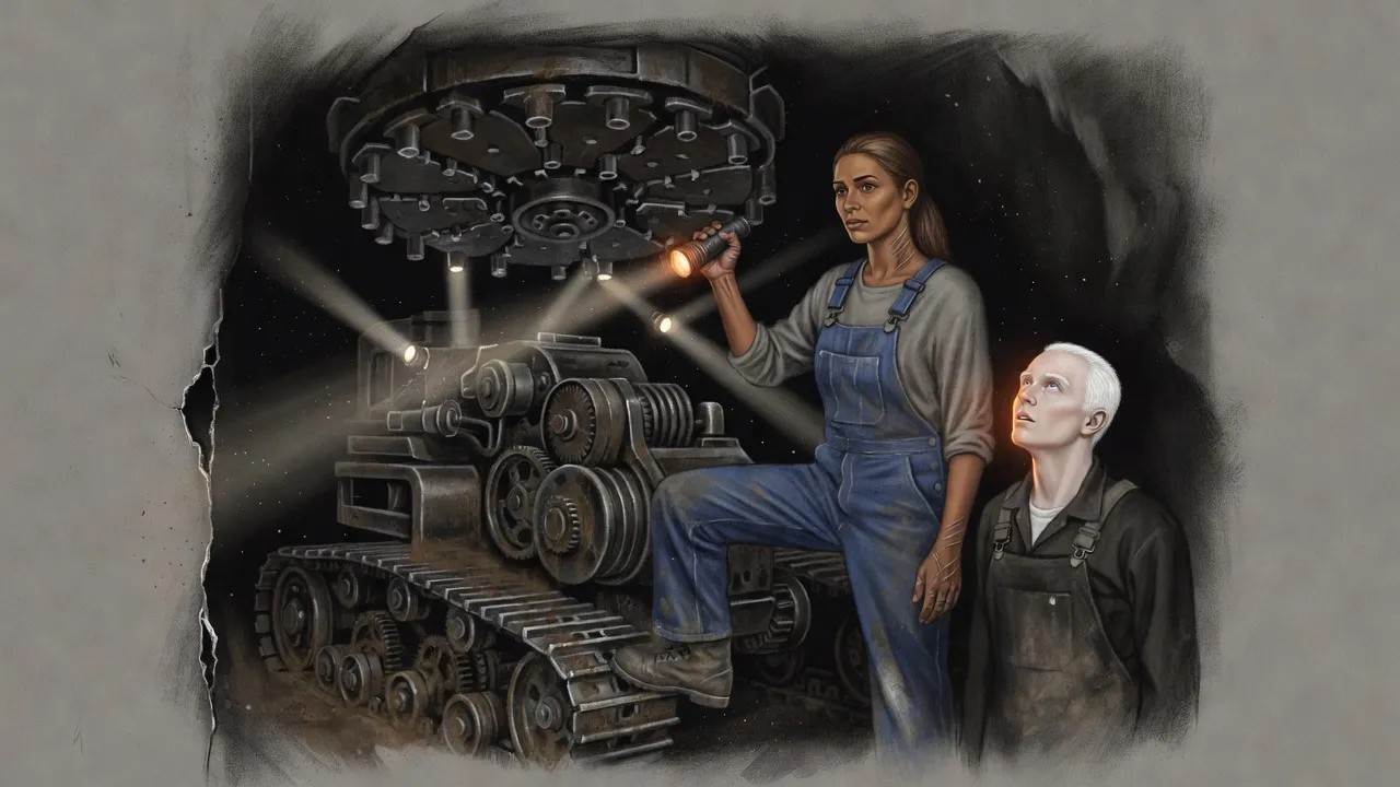 Two people with flashlights stand before a colossal buried digging machine in a dark cavern, its treads running up its sides.