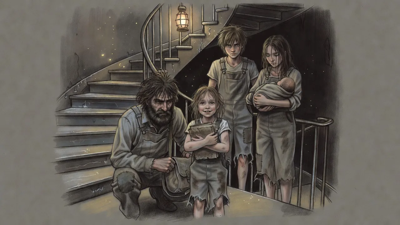 A bearded man crouches to fix a little girl’s satchel on a dim stair landing while a lanky teenage boy and a teenage girl holding a baby wait behind them.
