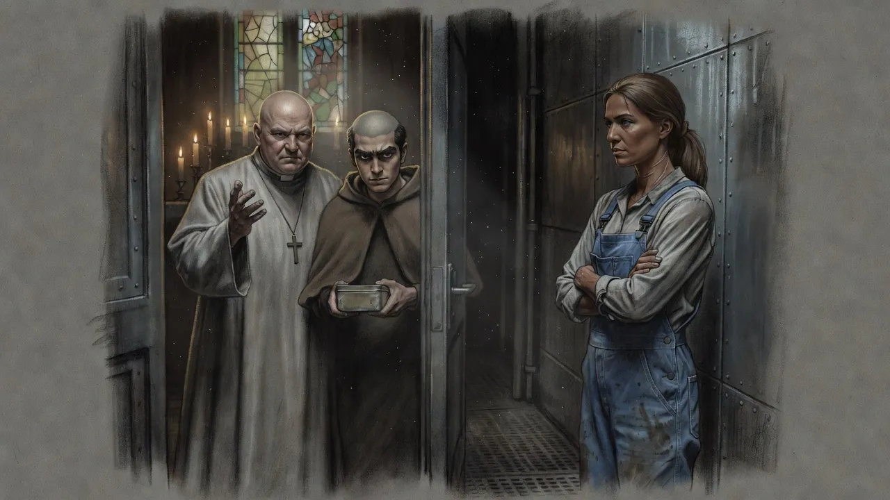 A bald preacher in robes raises a hand in rebuke at a chapel door while a young acolyte stands beside him and a woman in work overalls faces them, arms folded.