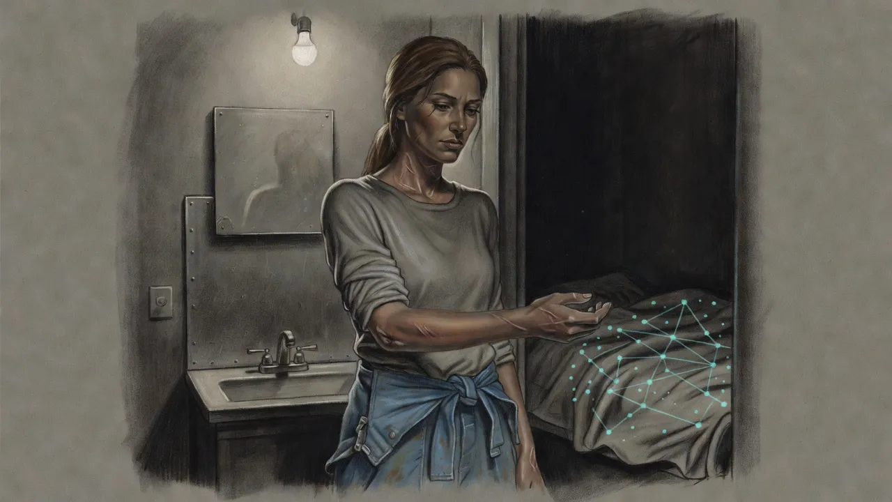 A woman with burn scars on her arms stands under a bare bulb beside a small mirror, holding her right arm up and searching the inside of her elbow.