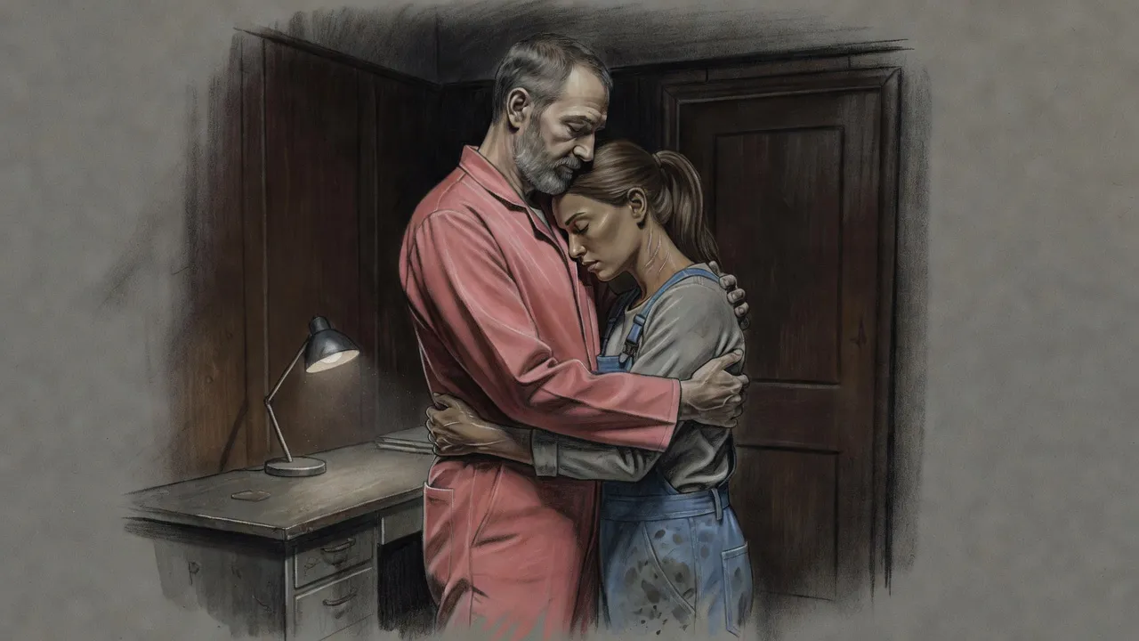 In a cramped panelled office, a tall bearded man in pale red coveralls wraps his arms around a scarred woman, her face pressed to his chest.
