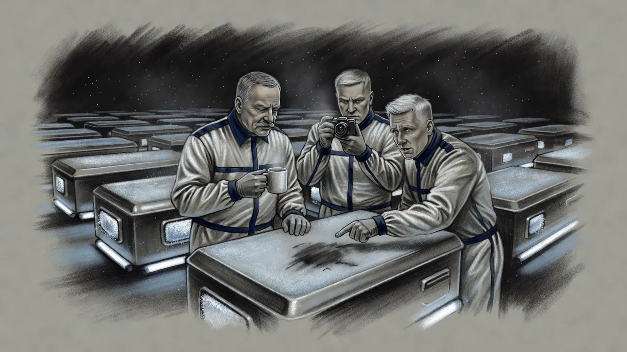 Three security men in silver coveralls gather in a cold hall of cryogenic pods, one pointing at a dark smear across a frosted lid.