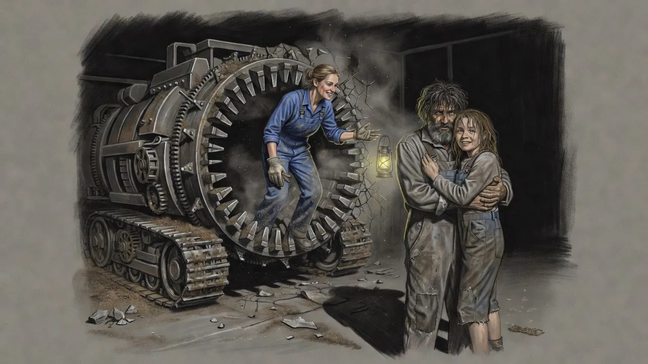 A huge toothed boring machine has broken through a generator-room wall, and a dusty woman climbs out holding out a hand to a bearded man holding a little girl.