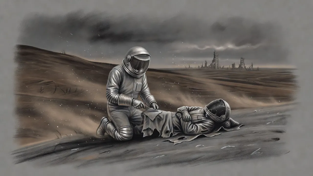 A figure in a white hazard suit kneels on a barren grey hill beside a long-dead cleaner whose old suit has faded to the colour of the soil.