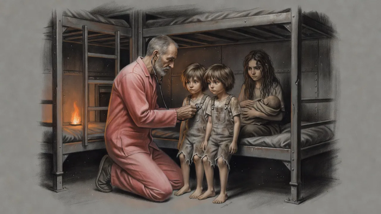 A tall bearded doctor kneels with a stethoscope to examine one of two identical boys in a bunkroom while a teenage girl holding a baby watches from a lower bunk.