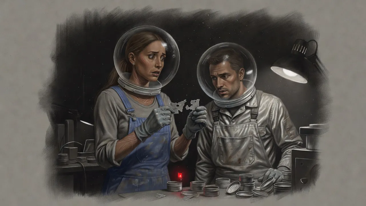 A woman in a clear domed helmet holds up a strip of tape eaten through with holes under a work lamp while a young technician stares at it.