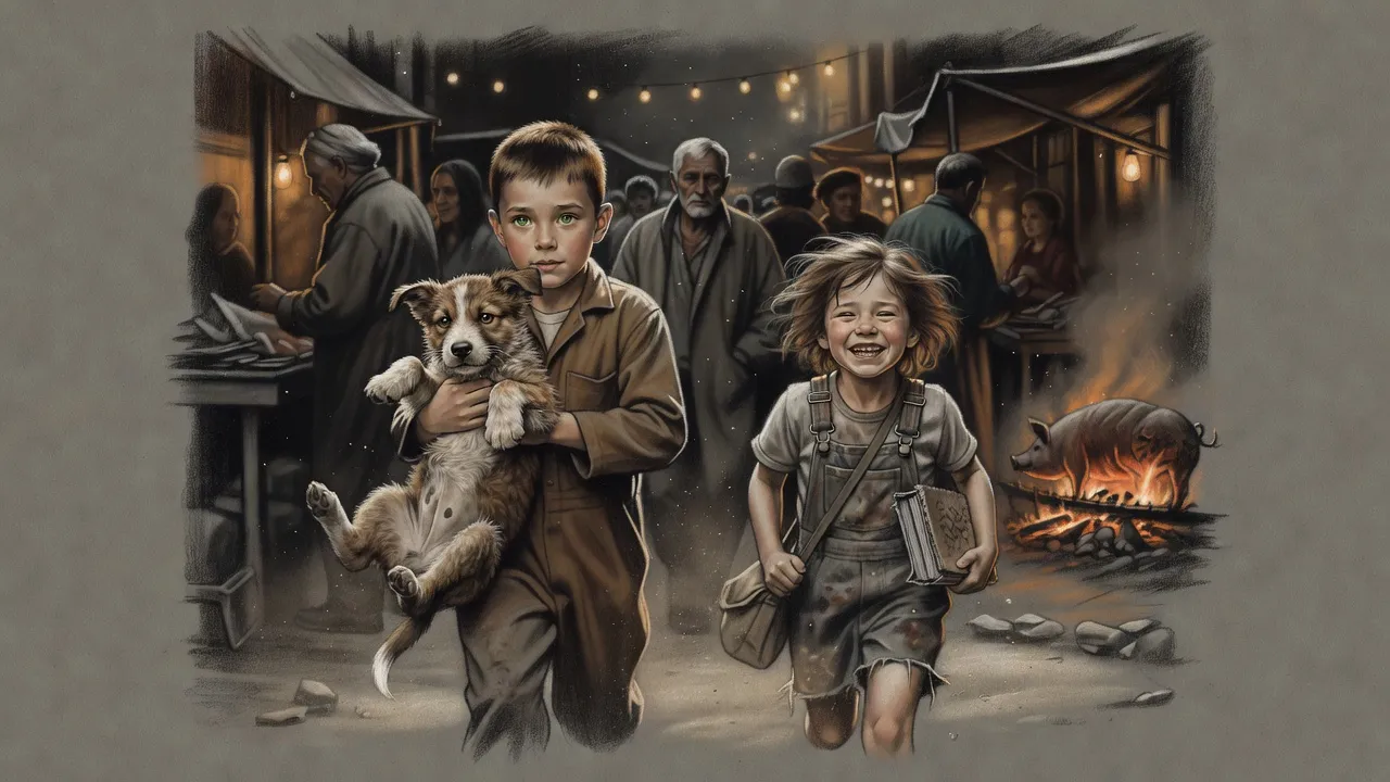A boy carrying a puppy upside down races through a crowded lamp-lit market with a little girl running at his heels.