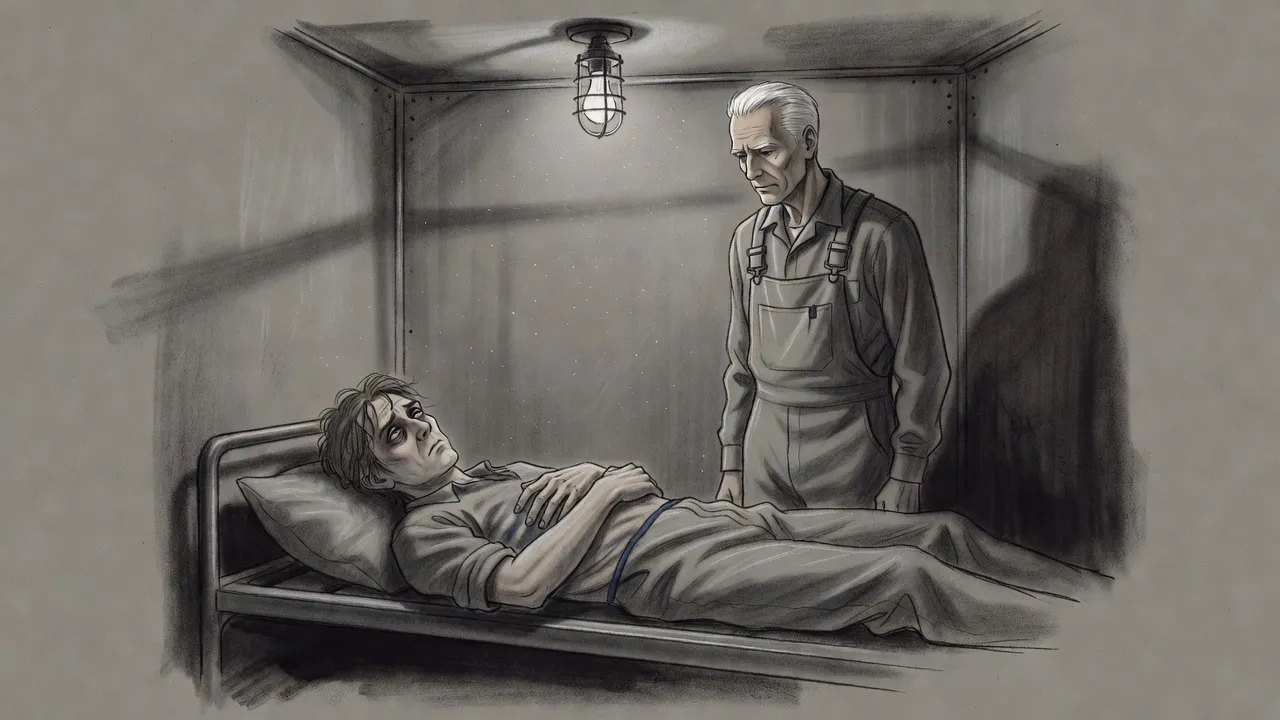 A gaunt, bruised man lies stiffly on a narrow cot while a fit white-haired man stands over him with his hands clasped behind his back.