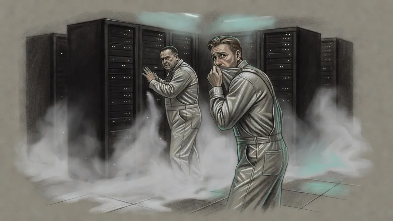 White fog pours between tall black server cabinets as a young man pulls his shirt over his mouth and a heavy-set man turns toward the fog.