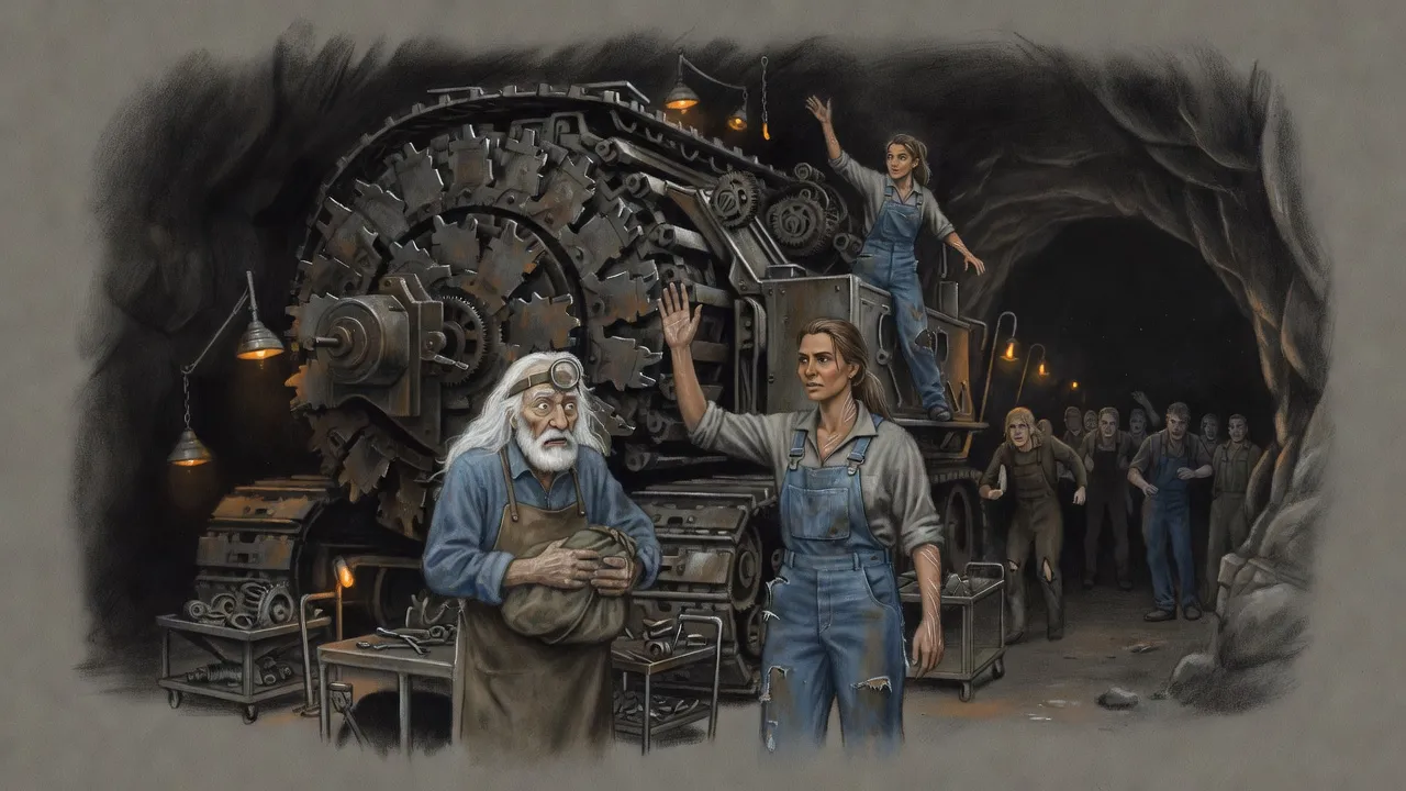 Crowds stream into a rough tunnel mouth past a woman waving them on, while an old bearded man stares and a woman on a huge machine above directs the flow.