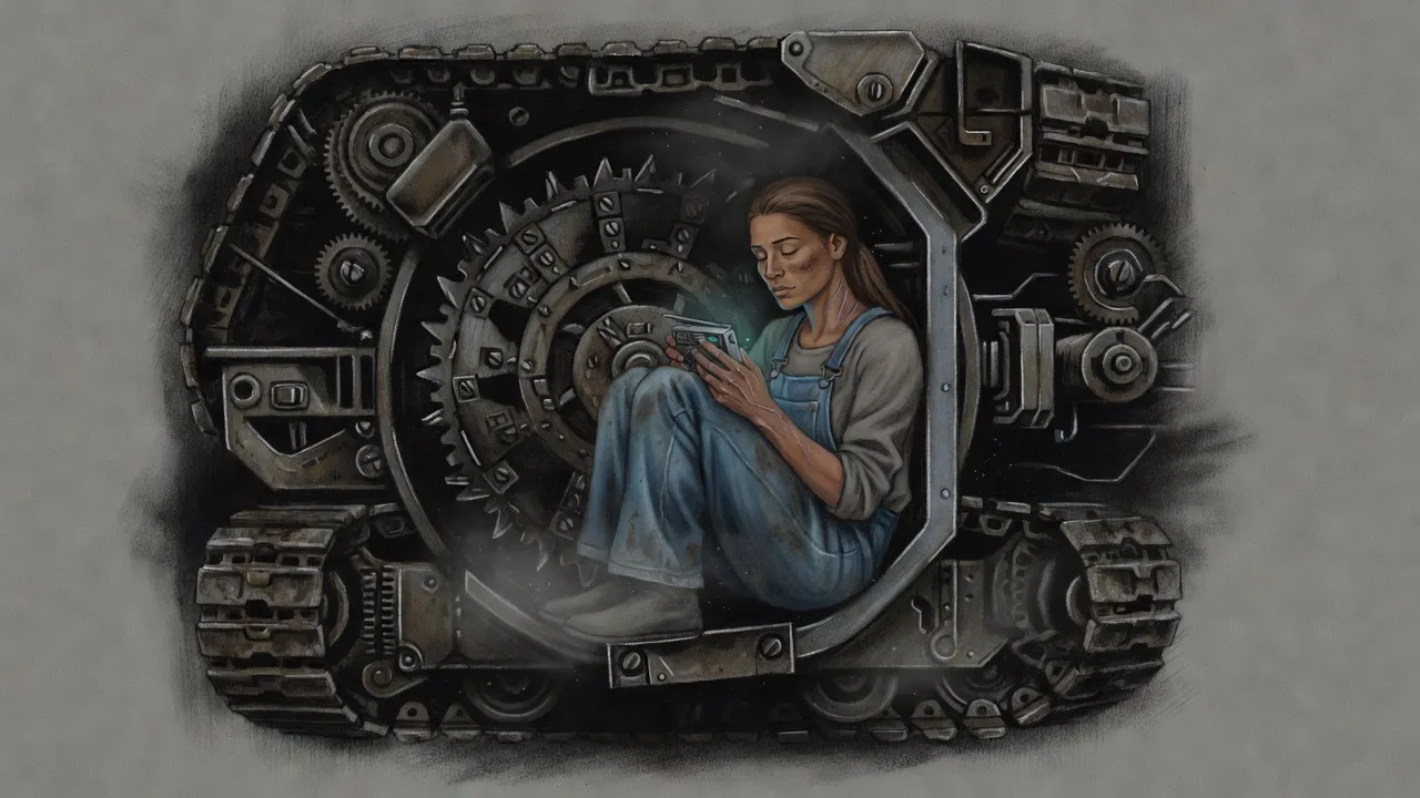 A woman sits curled in the dark inside a huge machine, holding a small radio close to her face with her eyes shut.