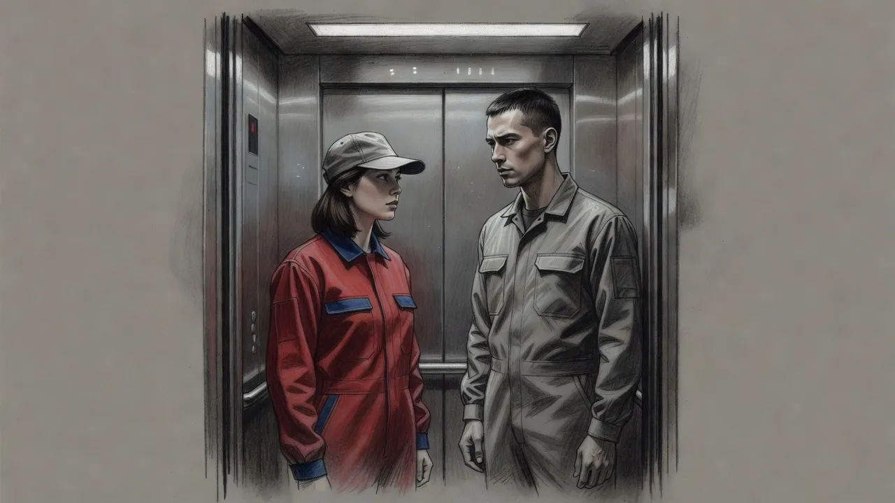 A woman in loose red coveralls and a cap stands beside a hard-faced man in grey coveralls inside a lift, both facing the doors.