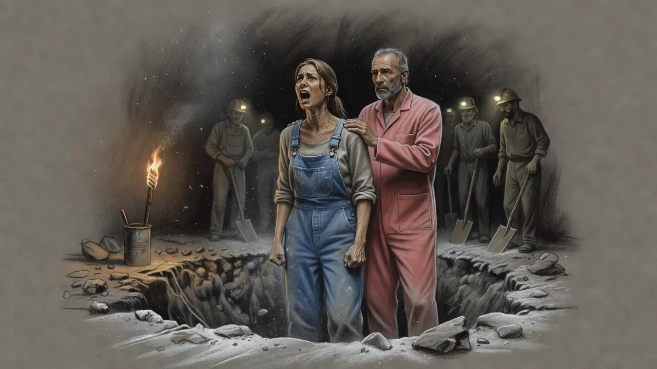 In a torchlit pit at the end of a collapsed tunnel, a woman screams into the dark while an older bearded man rests a hand on her shoulder and miners hold back.