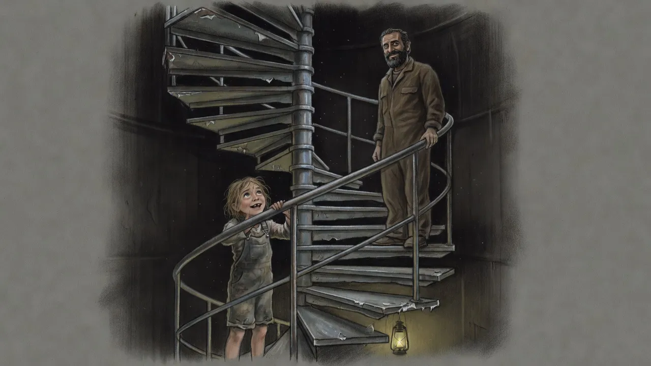 A little girl at the foot of a dim stair looks up at a bearded man waiting several steps above her with his hands on the rail.